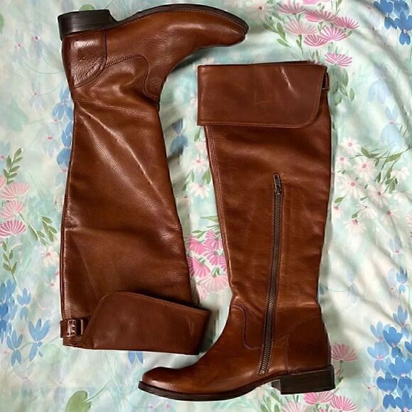 Frye Shirley Over the Knee Brown Leather Boots Cognac Color 8 - Picture 1 of 10
